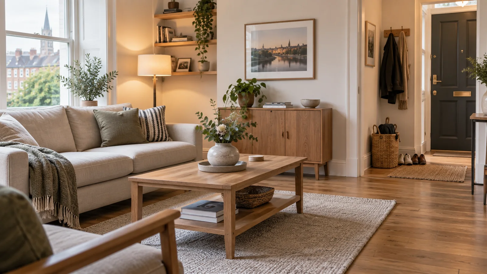 A tidy Dublin living room with clear floors and surfaces, shoes paired by the door and everyday items stored in a woven basket